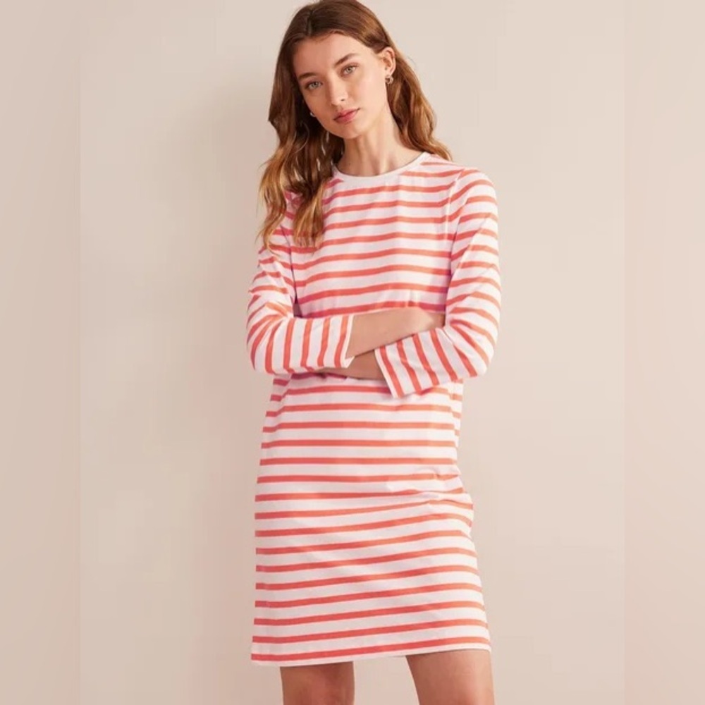 Boden Jersey Mini T-Shirt Dress in Ivory and Persimmon Stripe Size 4